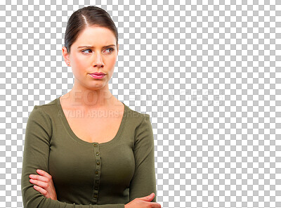 Buy stock photo Suspicious, woman thinking with her arms crossed and isolated against a transparent png background. Confused or decision, problem solving or worrying and female person wondering or thoughtful