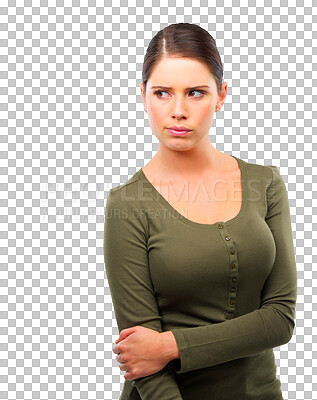 Buy stock photo Girl, doubt and looking away and suspicious with png or isolated and transparent background. Frown face, female person with thinking for solution with confused or body language with hold arm.