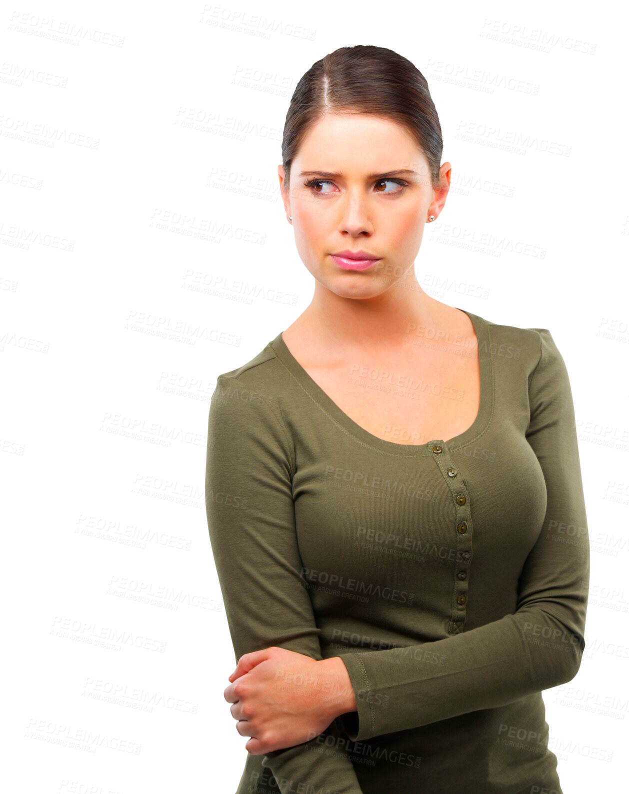 Buy stock photo Girl, doubt and looking away and suspicious with png or isolated and transparent background. Frown face, female person with thinking for solution with confused or body language with hold arm.