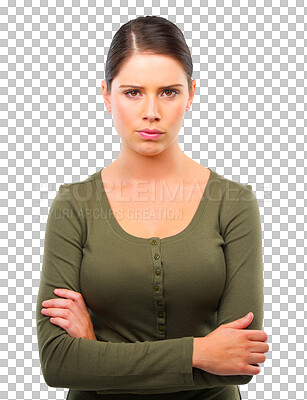 Buy stock photo Angry, attitude and fold arms with girl in portrait or png or isolated and transparent background. Serious face, woman and frustrated with anger or fail with frown or emotion or upset and displeased.