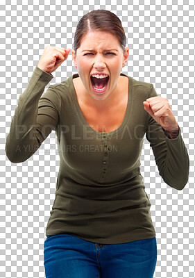 Buy stock photo Angry, frustrated and portrait of woman shouting with emotion, hate or rage on transparent, isolated or png background. Mad, girl and screaming or yelling in anger, fight or argument with conflict