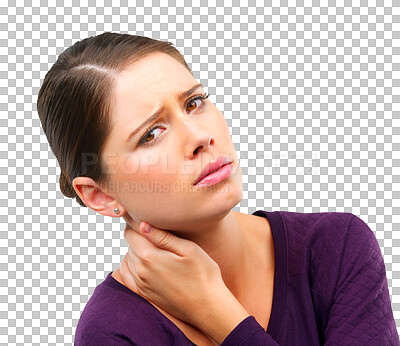 Buy stock photo Woman in portrait, neck pain and injury with medical problem, face and sad isolated on transparent png background. Anatomy, health emergency and crisis, female person with joint ache and inflammation