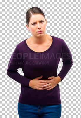 Buy stock photo Stomach pain, endometriosis and woman with medical problem in portrait isolated on transparent png background. Gut health, digestion issue and constipation, female person sick with period cramps