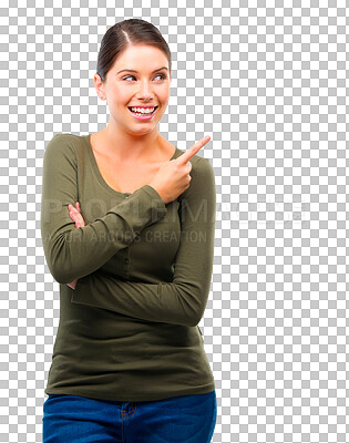 Buy stock photo Happy, presentation and woman pointing to ideas, information or offer in fashion isolated on transparent png background. Here, guide and presenter thinking or young person in casual clothes show sign