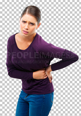 Buy stock photo Back pain, medical and portrait of woman on transparent background for accident, anatomy and emergency. Sad, injury and muscle strain with female person isolated on png for uncomfortable backache