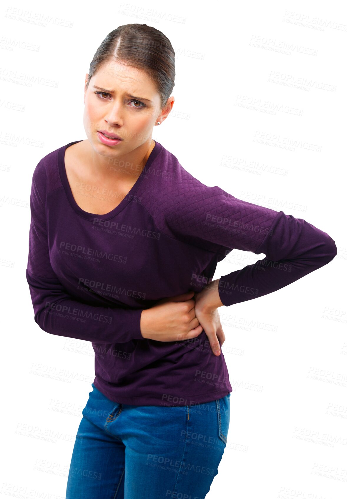 Buy stock photo Back pain, medical and portrait of woman on transparent background for accident, anatomy and emergency. Sad, injury and muscle strain with female person isolated on png for uncomfortable backache