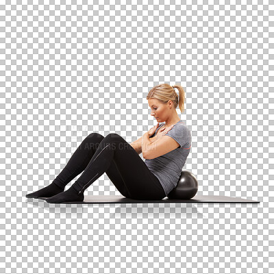 Buy stock photo Isolated woman, exercise ball and sit ups for fitness, abdomen training or strong by transparent png background. Girl, stomach muscle workout and focus for wellness, health and body goals on yoga mat