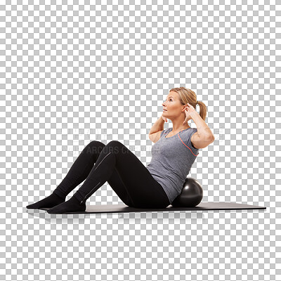 Buy stock photo Isolated woman, exercise ball and sit up for fitness, abdomen training and strong by transparent png background. Girl, stomach muscle workout and focus for wellness, health and body goals on yoga mat