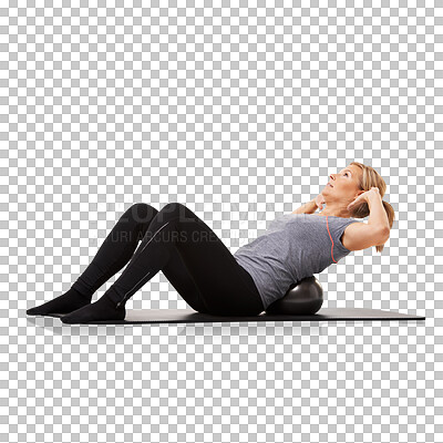 Buy stock photo Isolated woman, fitness and crunch with ball, abdomen training or strong by transparent png background. Girl, stomach muscle workout and focus for wellness, health or sit up for body goal on yoga mat