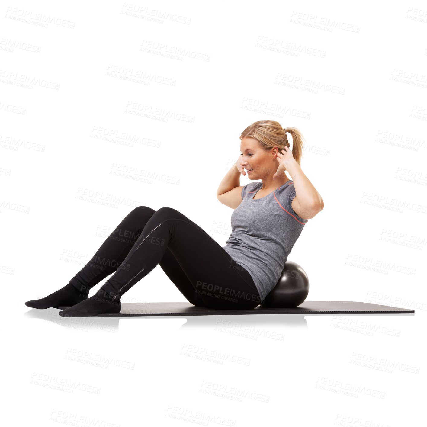 Buy stock photo Exercise, woman on yoga mat and crunch ball and isolated against a transparent png background for healthy wellness. Fitness, body and female pilates instructor doing sit up workout on equipment