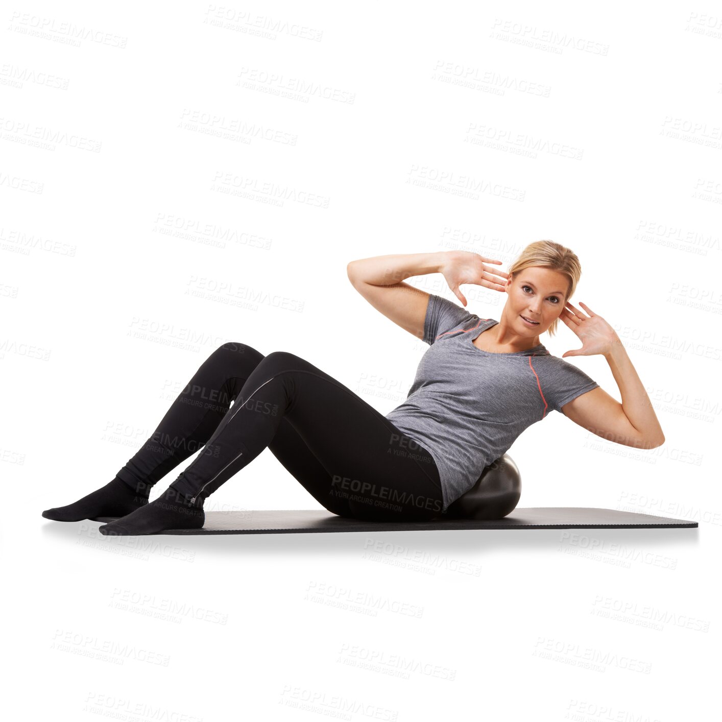 Buy stock photo Isolated woman, ball and crunch in portrait for fitness, abdomen training or strong by transparent png background. Girl, stomach muscle workout and focus for wellness, health and exercise on yoga mat