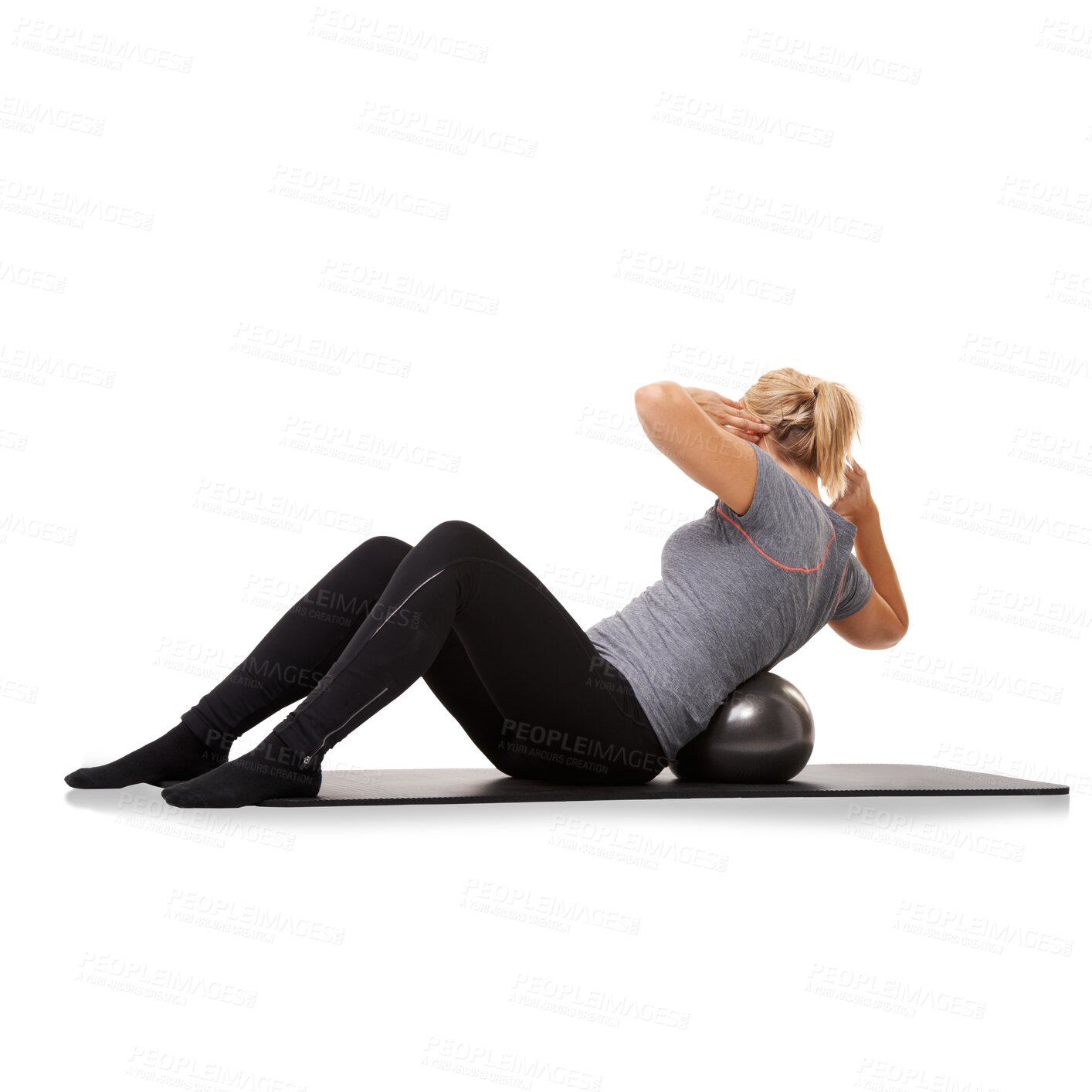 Buy stock photo Ball, fitness and woman training for health, wellness and core strength isolated in a transparent or png background. Sit ups, energy and healthy female person or athlete workout or exercise for sport