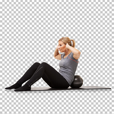 Buy stock photo Ball, health and woman workout for wellness, muscle and core strength isolated in a transparent or png background. Sit ups, energy and healthy female person or athlete training for fitness or sport