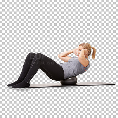 Buy stock photo Ball, fitness and woman doing crunch exercise, health and core strength isolated in a transparent or png background. Sit ups, energy and healthy female person or athlete workout or training for sport