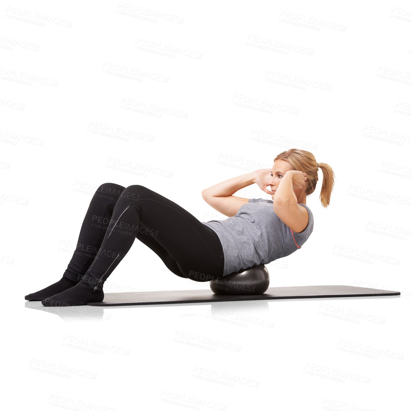 Buy stock photo Ball, fitness and woman doing crunch exercise, health and core strength isolated in a transparent or png background. Sit ups, energy and healthy female person or athlete workout or training for sport