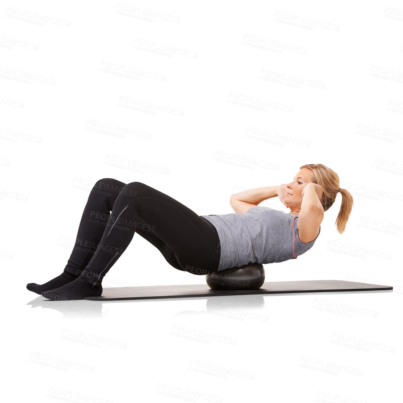 Buy stock photo Fitness, woman and sit up on mat with ball for core and muscle training isolated on png transparent background. Sport, pilates and female person exercise, crunch abs in workout and active with health