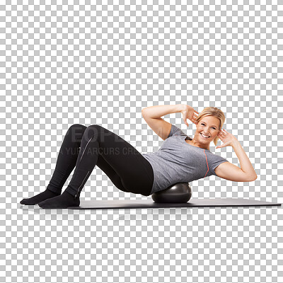 Buy stock photo Isolated woman, ball and crunch with smile, fitness or abdomen training in portrait by transparent png background. Girl, stomach muscle workout and focus for wellness, health and exercise on yoga mat