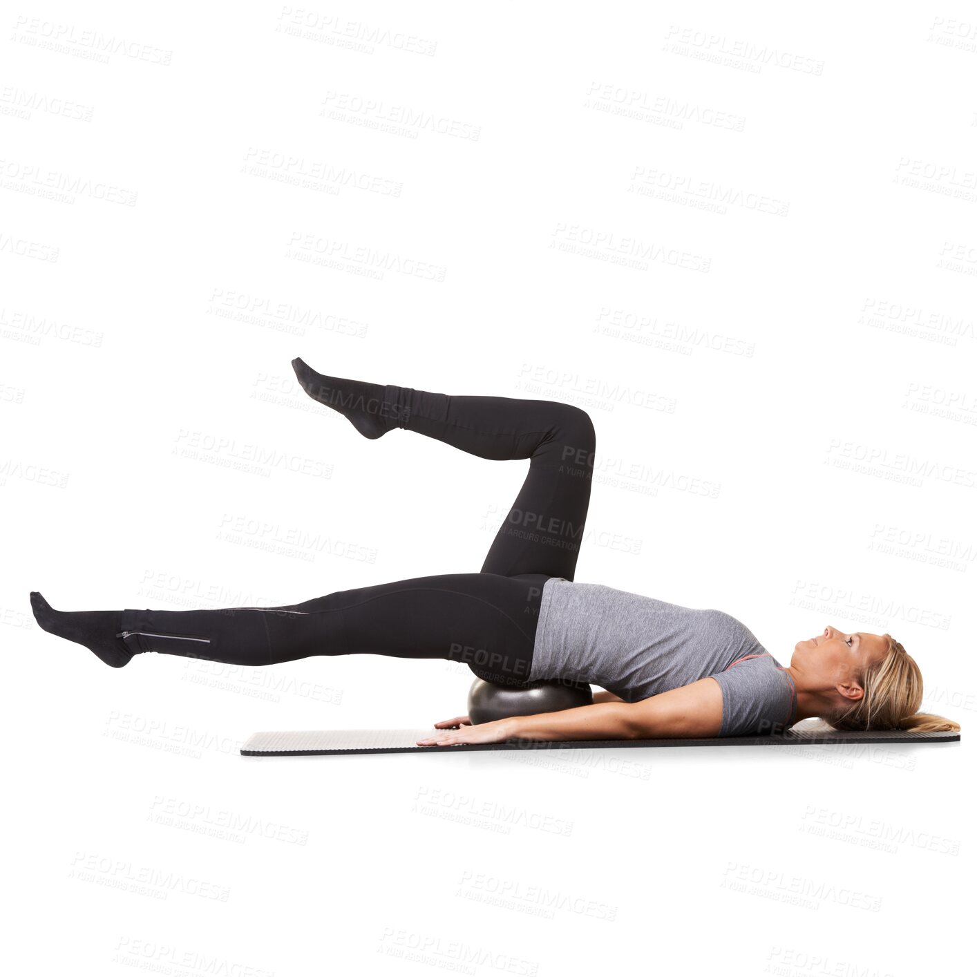 Buy stock photo Floor, exercise ball and woman stretching, training and athlete isolated against a transparent background. Female person, model and girl on the ground, png and stretch legs with wellness and workout