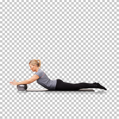 Buy stock photo Ball, fitness and woman exercise for health, wellness and core strength isolated in a transparent or png background. Sit ups, energy and healthy female person or athlete workout or training for sport