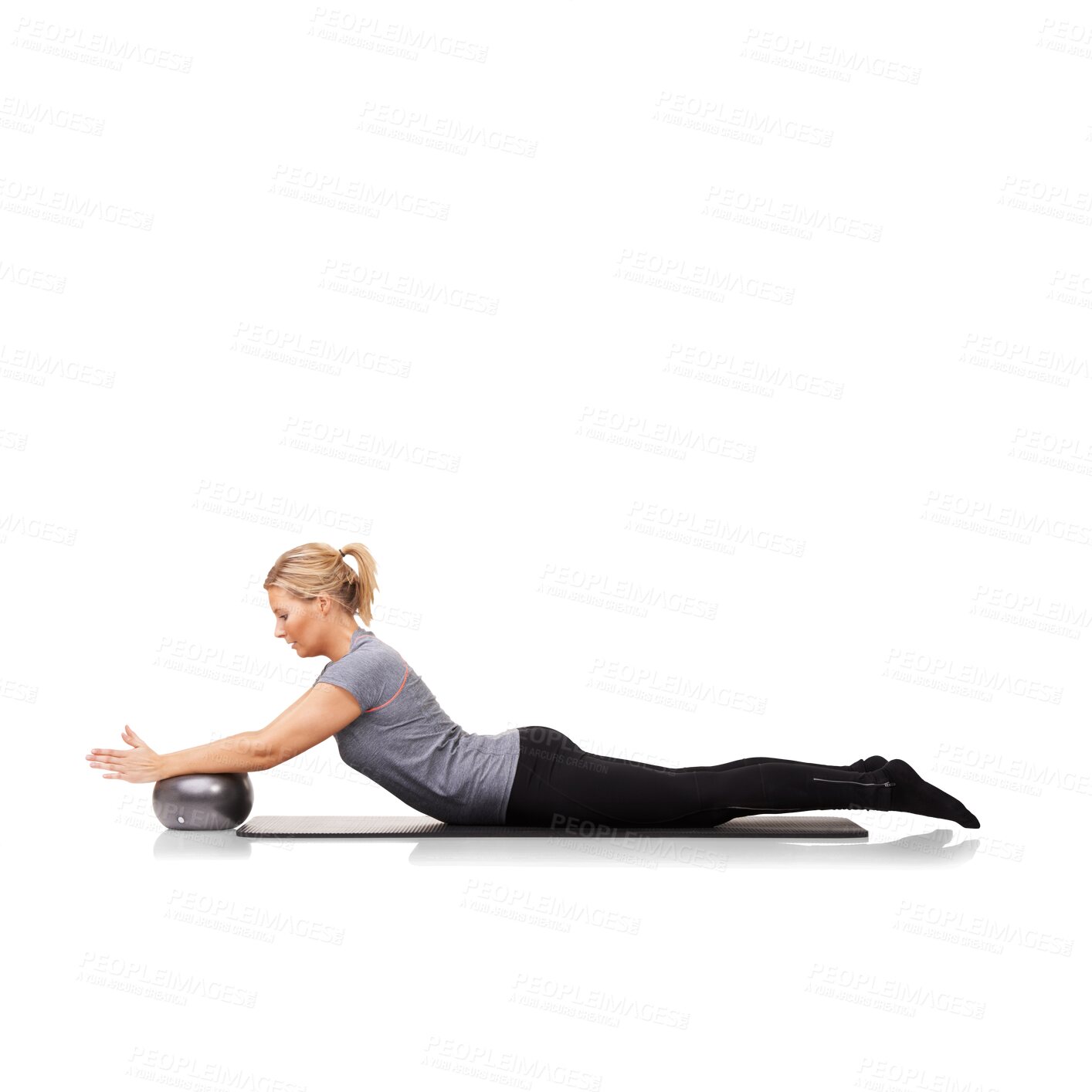 Buy stock photo Ball, fitness and woman exercise for health, wellness and core strength isolated in a transparent or png background. Sit ups, energy and healthy female person or athlete workout or training for sport