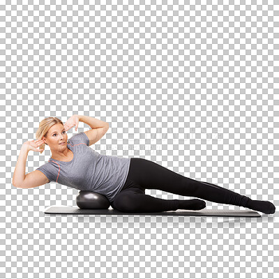 Buy stock photo Ball, exercise and athlete training for health, wellness and core strength isolated in a transparent or png background. Sit ups, energy and healthy female person or woman workout for fitness or sport