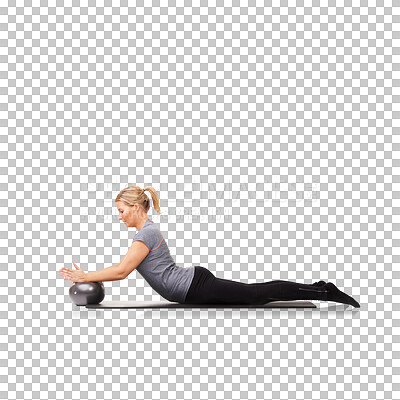 Buy stock photo Ball, fitness and woman training for health, wellness and core strength isolated in a transparent or png background. Training, energy and healthy female person or athlete workout for muscle or sport