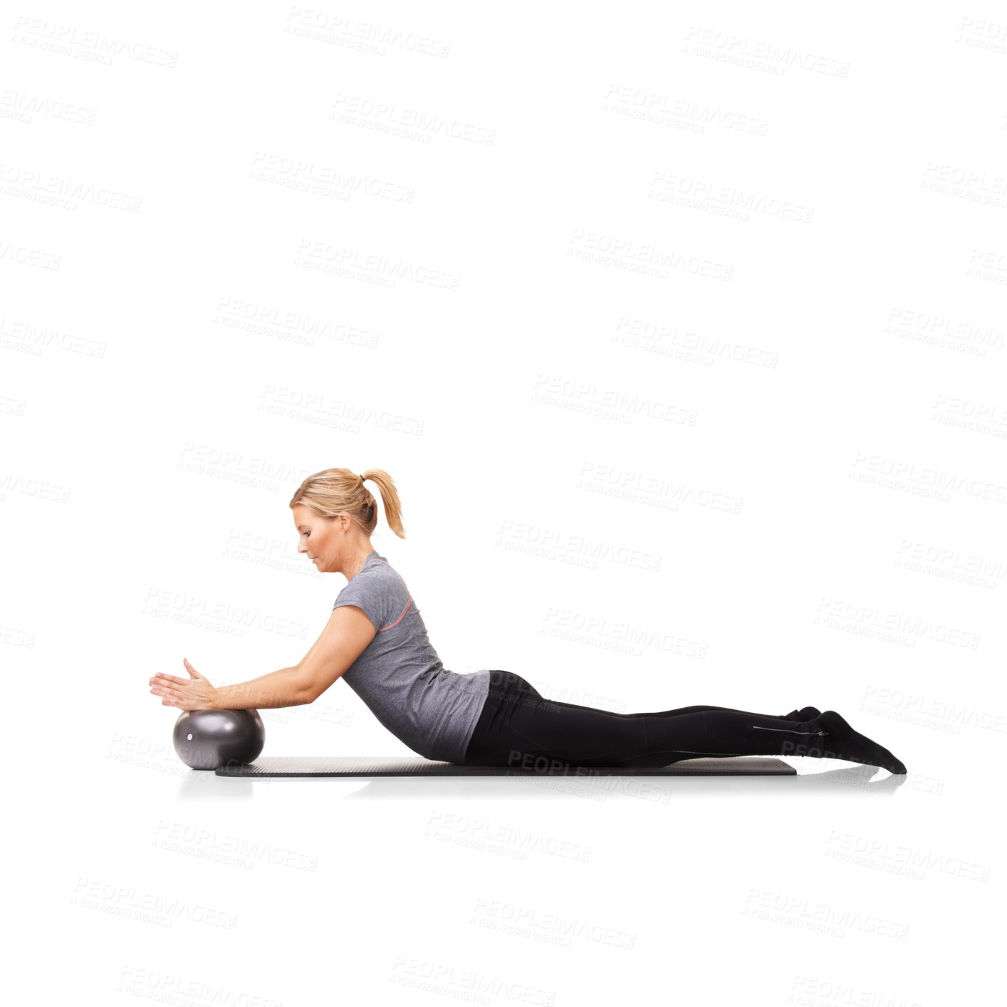 Buy stock photo Ball, fitness and woman training for health, wellness and core strength isolated in a transparent or png background. Training, energy and healthy female person or athlete workout for muscle or sport