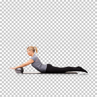 Buy stock photo Ball, stretching and woman training for wellness, health and core strength isolated in transparent or png background. Exercise, energy and healthy female person or athlete workout for fitness sport