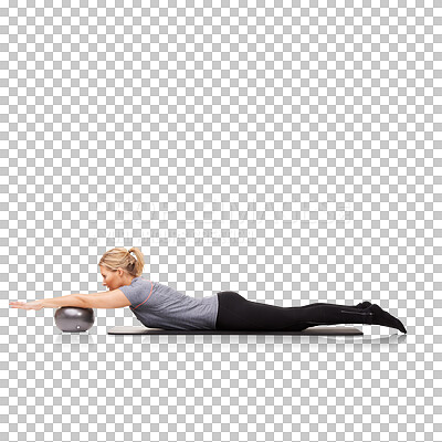 Buy stock photo Ball, fitness and woman stretching for wellness, health and core strength isolated in a transparent or png background. Care, energy and healthy female person or athlete workout or exercise for sport