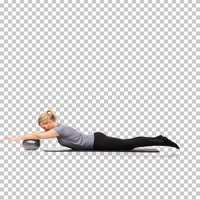 Buy stock photo Ball, exercise and woman training for health, wellness and core strength isolated in a transparent or png background. Sit ups, energy and healthy female person or athlete workout for fitness or sport