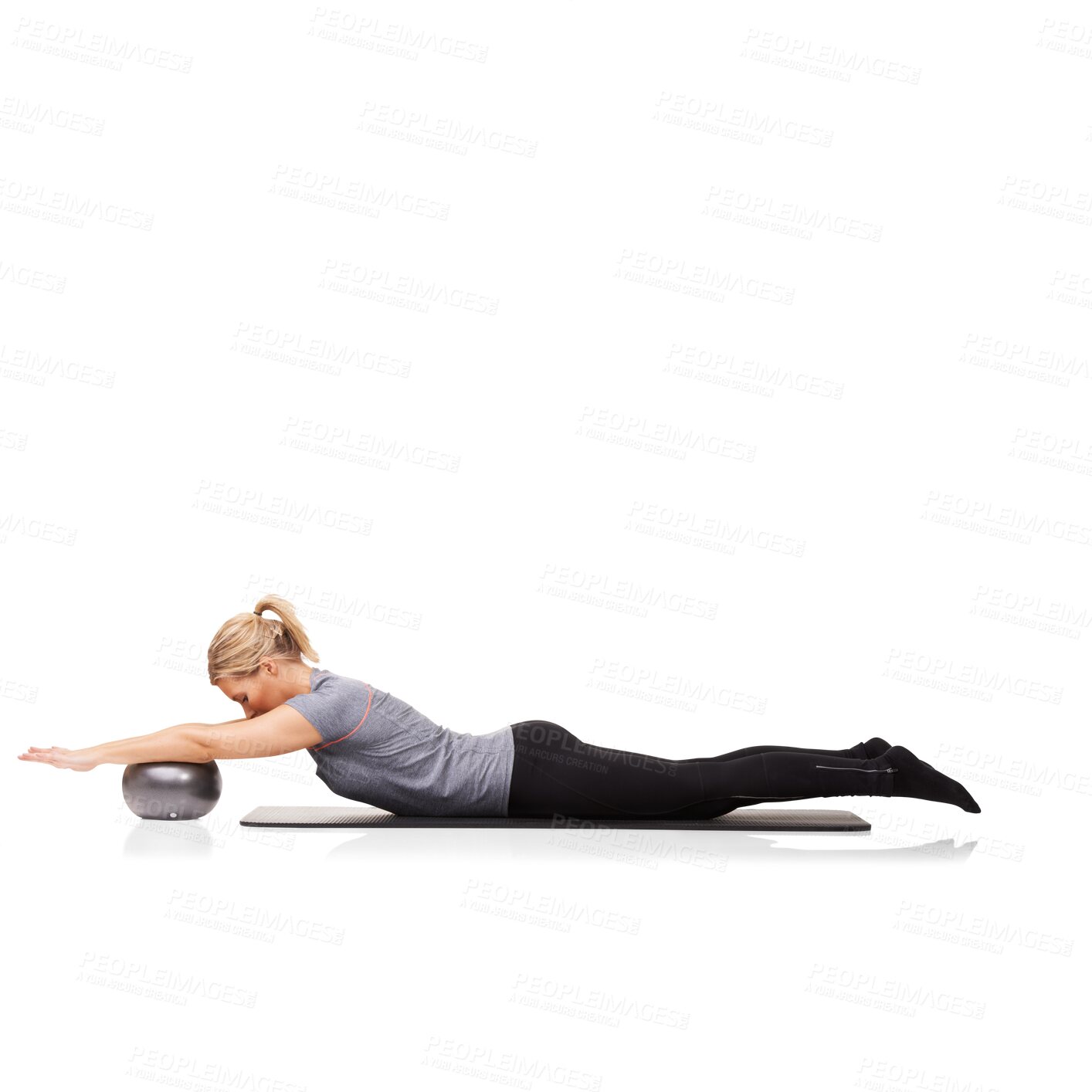 Buy stock photo Ball, exercise and woman training for health, wellness and core strength isolated in a transparent or png background. Sit ups, energy and healthy female person or athlete workout for fitness or sport