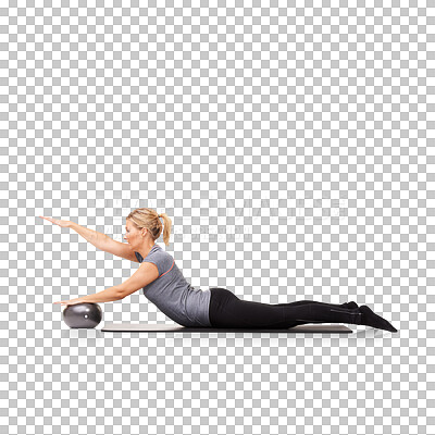 Buy stock photo Woman with ball, pilates and stretching, fitness with training and health isolated on transparent png background. Body, active and healthy with female person and exercise, workout on mat and sports