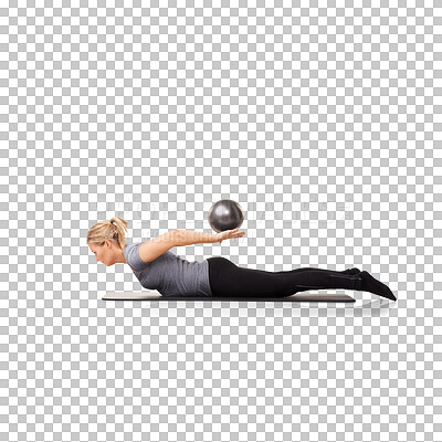 Buy stock photo Strong, pilates and a woman with exercise ball for fitness, health training and body sports. Yoga, healthy and a person balancing workout equipment for strength isolated on transparent png background