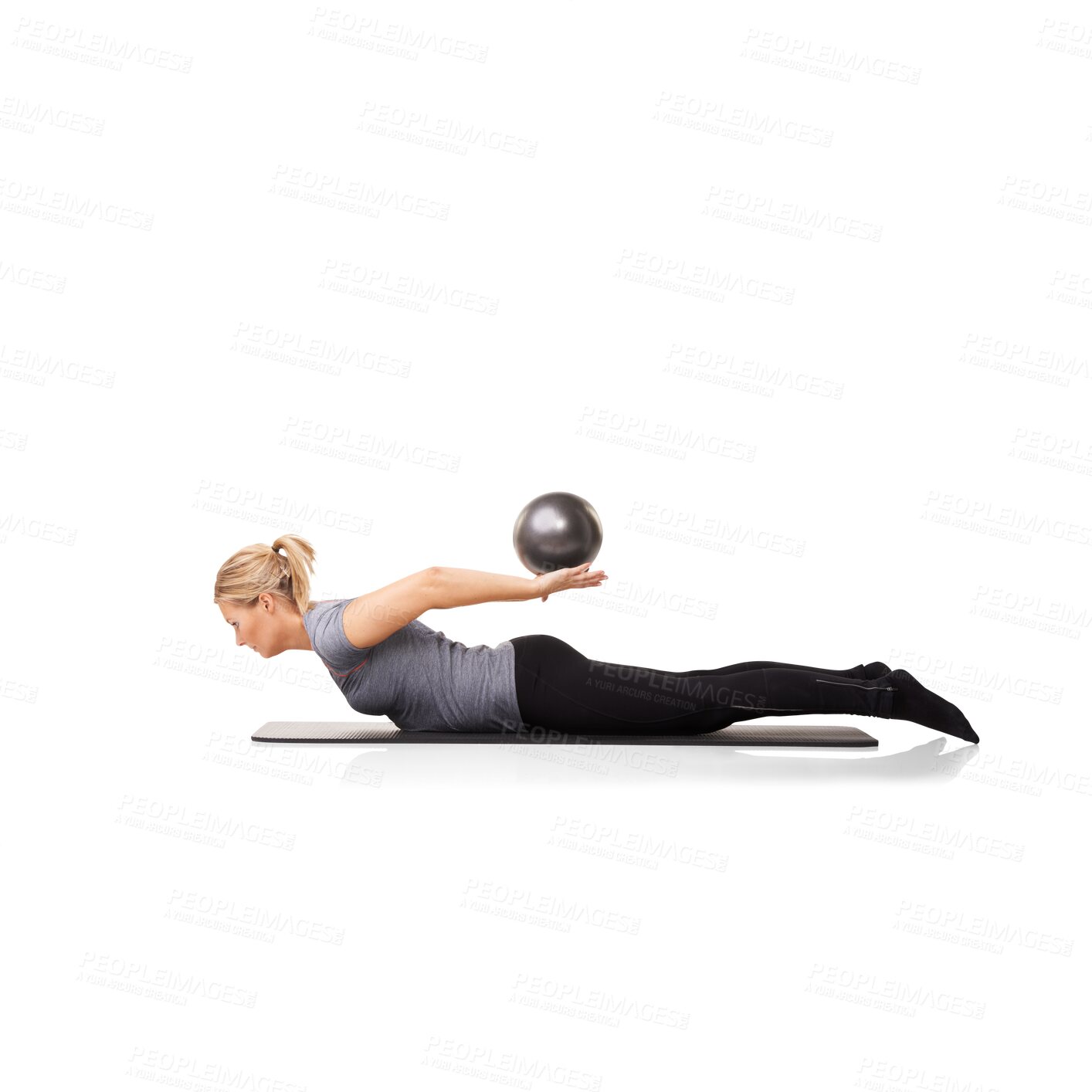 Buy stock photo Strong, pilates and a woman with exercise ball for fitness, health training and body sports. Yoga, healthy and a person balancing workout equipment for strength isolated on transparent png background