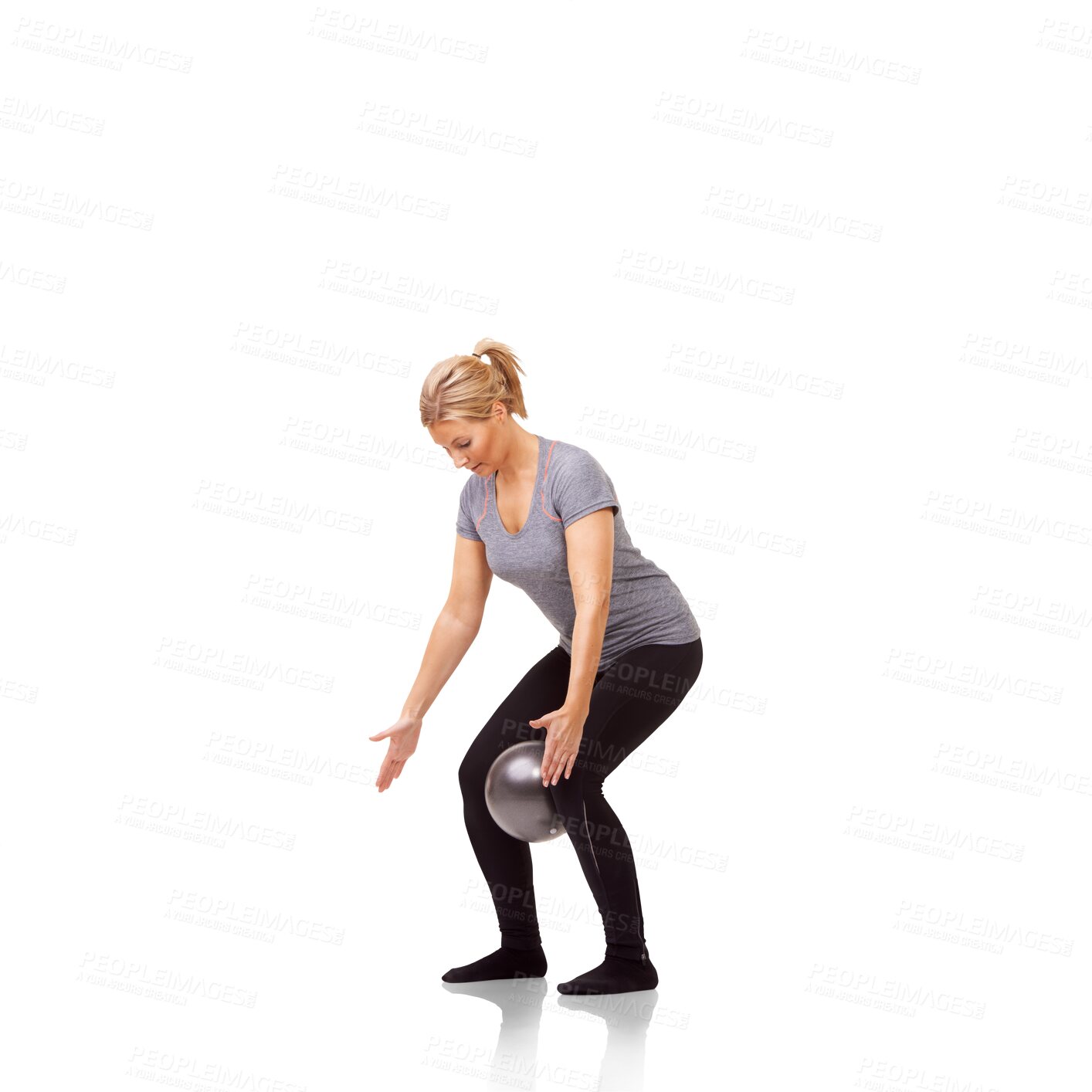 Buy stock photo Workout, woman and exercise ball for fitness and health in png or isolated and transparent background. Training, wellness and pilates with yoga and healthy body at gym with sport, legs and strength.