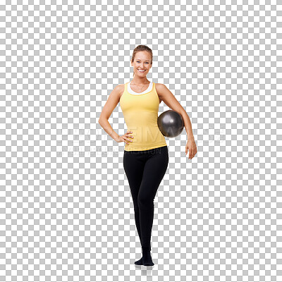 Buy stock photo Fitness, portrait and a woman with a medicine ball and happy isolated against a transparent png background. Workout or healthy body, training with sportswear and female athlete with gym equipment 