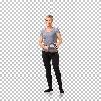 Buy stock photo Fitness, portrait of woman with a gym ball and isolated against a transparent png background for health wellness. Exercise or training, workout for body and female athlete with sports equipment.