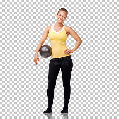 Buy stock photo Fitness, woman with a medicine ball and isolated against a transparent png background with a happy smile. Workout or sports, exercise with sportswear and female athlete with training equipment.