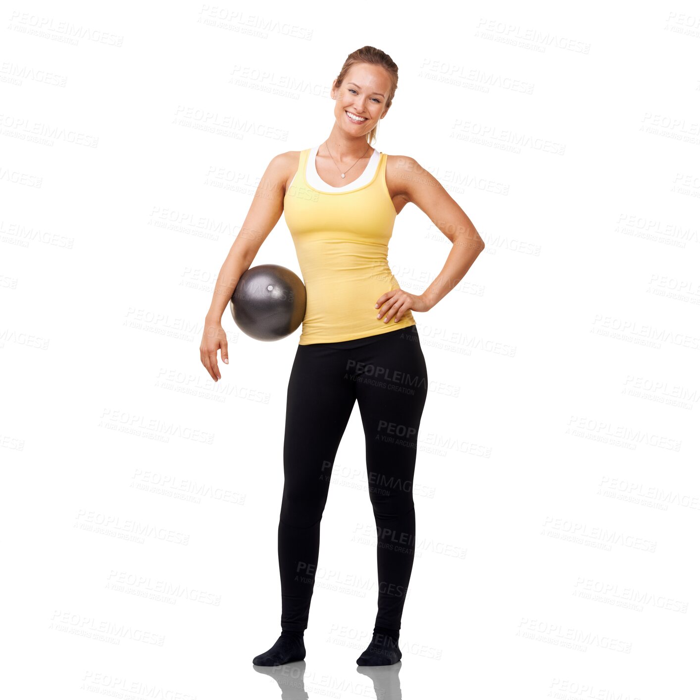 Buy stock photo Fitness, woman with a medicine ball and isolated against a transparent png background with a happy smile. Workout or sports, exercise with sportswear and female athlete with training equipment.