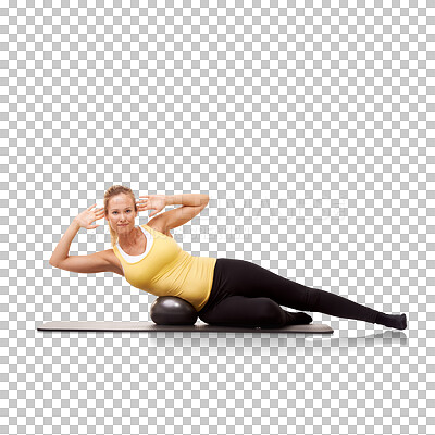 Buy stock photo Yoga, portrait and woman with exercise ball for shape or cardio in png or isolated and transparent background. Fitness, gym and pilates ball for training or wellness or healthy body and stomach.