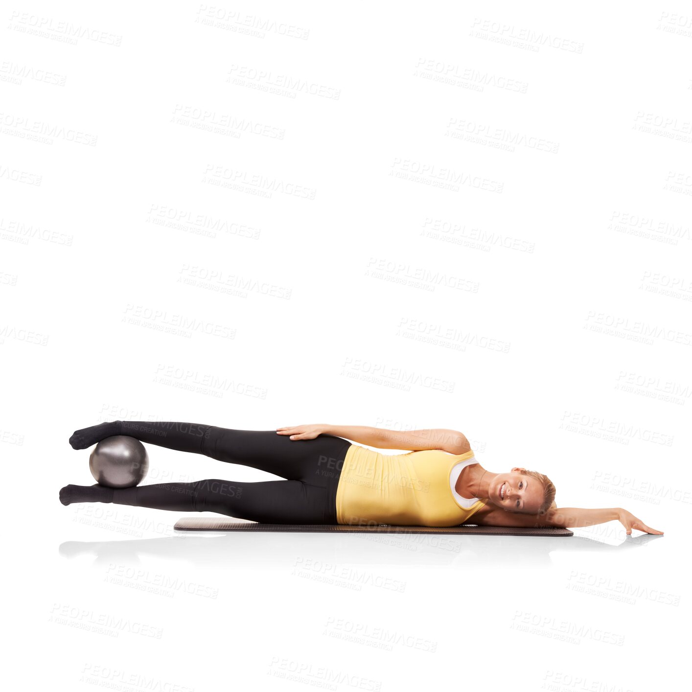 Buy stock photo Portrait, workout and a sports woman training with an exercise ball isolated on a transparent background. Fitness, yoga or pilates with a young female athlete using equipment for health on PNG