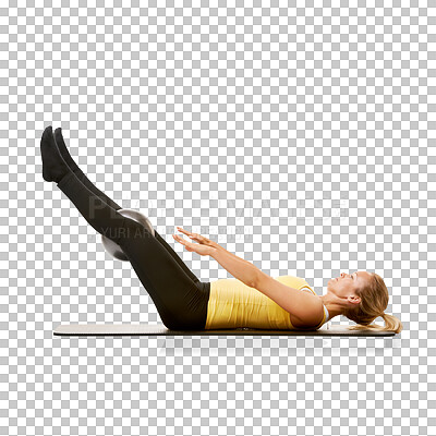 Buy stock photo Pilates, fitness and woman with ball on mat for core and muscle training isolated on png transparent background. Sports, stretching and female person exercise with ab crunch in workout and health