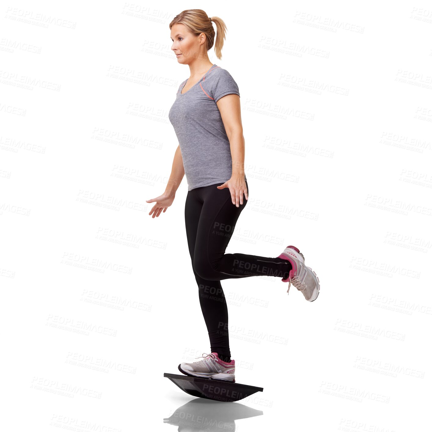 Buy stock photo Fitness, woman balance on a board and isolated against a transparent png background for workout. Training or exercise, sportswear or practice and female athlete with gym or sports equipment 