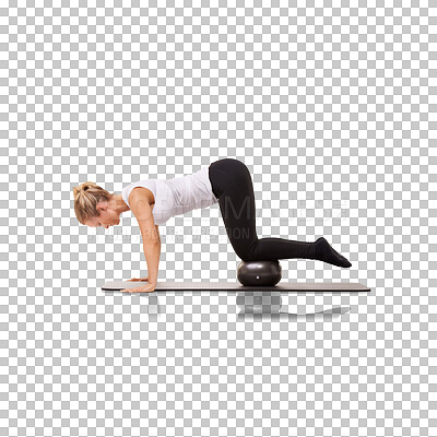 Buy stock photo Exercise, ball and athlete training core strength with equipment isolated in a transparent or png background. Push ups, wellness and healthy woman person workout for fitness, health and sports