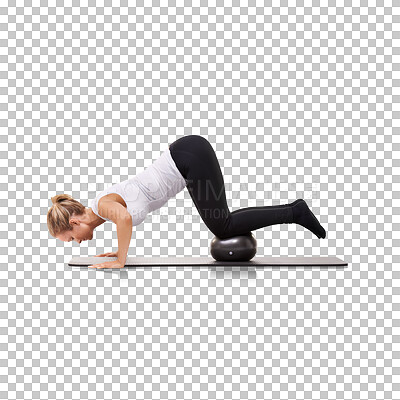 Buy stock photo Athlete, ball and woman workout core strength with exercise equipment isolated in a transparent or png background. Push up, wellness and healthy female person training for fitness, health and sports