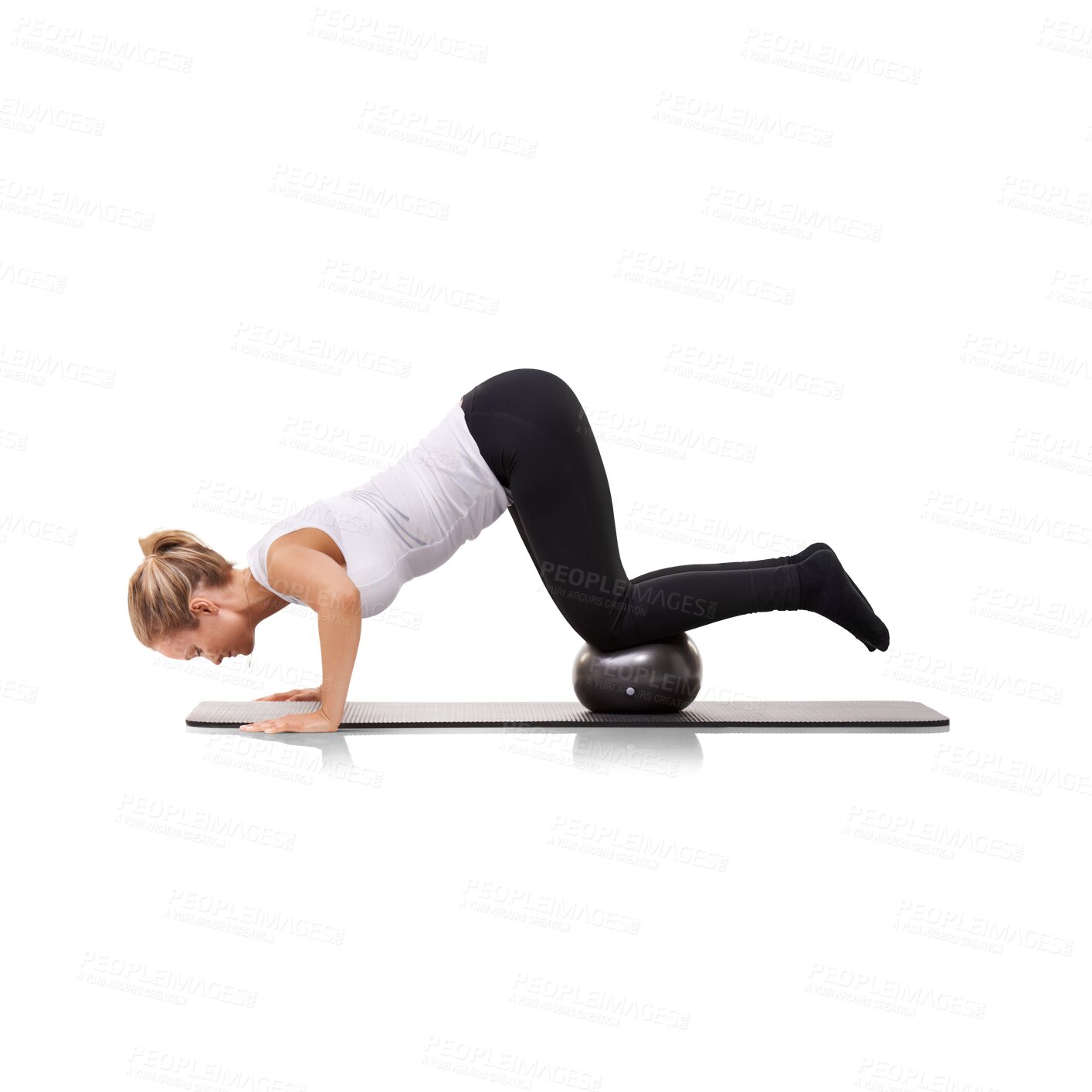 Buy stock photo Athlete, ball and woman workout core strength with exercise equipment isolated in a transparent or png background. Push up, wellness and healthy female person training for fitness, health and sports