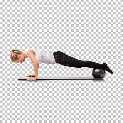 Buy stock photo Exercise, ball and athlete training core strength with equipment isolated in a transparent or png background. Pushup, wellness and healthy woman or person workout for fitness, health and sports