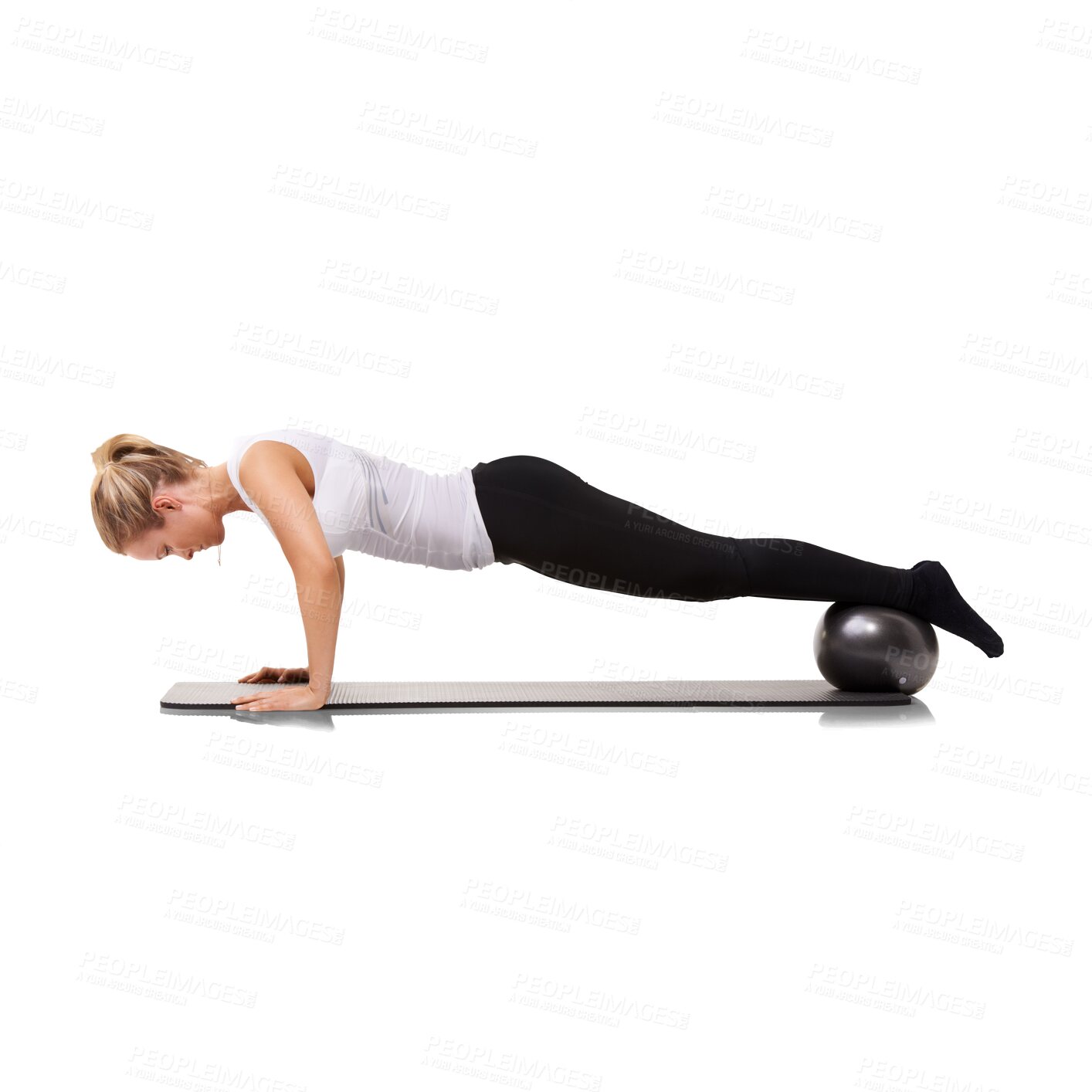 Buy stock photo Exercise, ball and athlete training core strength with equipment isolated in a transparent or png background. Pushup, wellness and healthy woman or person workout for fitness, health and sports