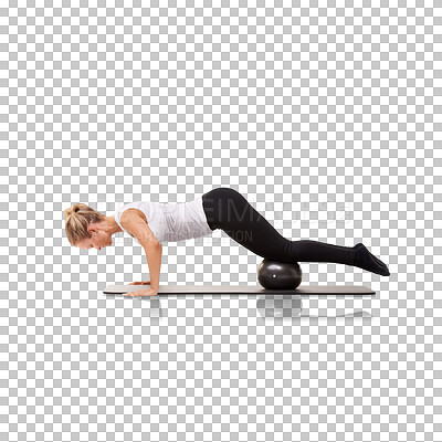 Buy stock photo Fitness, ball and woman workout core strength with equipment isolated in a transparent or png background. Push up, wellness and healthy female person training or exercise for health and sports