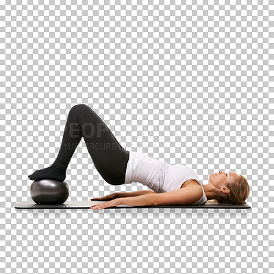 Buy stock photo Ball, exercise and athlete stretching for wellness, health and core strength isolated in a transparent or png background. Training, energy and healthy female person or woman workout for fitness